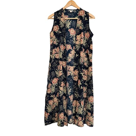 Floral Sleeveless Kimono Duster Wrap Navy Lightweight S Boho Flowy Semi Sheer - Picture 4 of 12